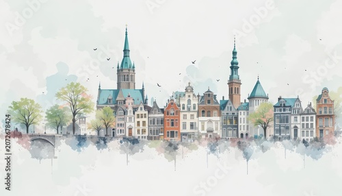 European city skyline showcases a mix of traditional gabled houses and church spires rising above a quiet canal.