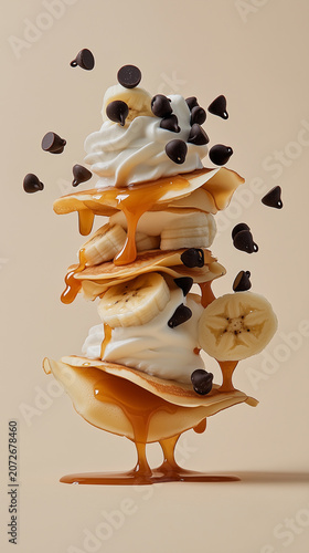 Layered crepe stack meticulously constructed with whipped cream, sliced banana, flowing caramel, and levitating chocolate chip