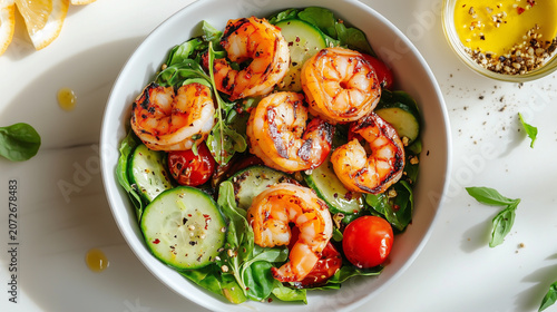 Grilled shrimp salad with charred protein execution and keto-friendly geometric plating