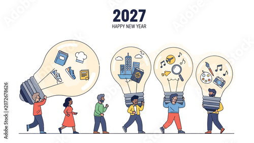 Photos New Year 2027 Vision Boards: A diverse group of people carries large light bulbs filled with icons representing dreams, goals, and aspirations for the coming year