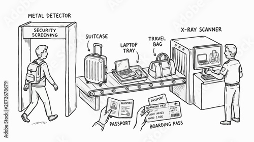 Airport Security Check Hand Drawn Doodle Vector Illustration