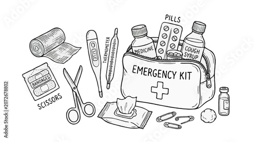 Travel First Aid Kit Hand Drawn Doodle Vector Illustration