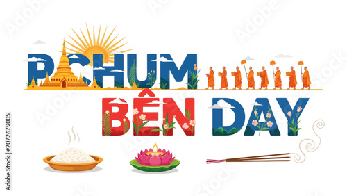 Tableau sur toile Pchum Ben Festival Celebration: Monks in orange robes process with offerings beneath a vibrant sun and pagoda, symbolizing the joyous Pchum Ben festival
