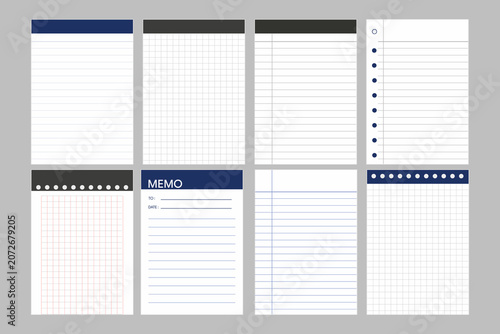 Flat design collection of blank memo sheets and notebooks. Clean stationary templates.
