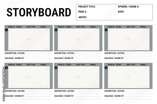 Creative video storyboard layout with description fields. Flat design vector set.