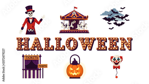 Spooky Halloween Collection: A festive montage of classic Halloween elements, featuring a skeleton ringmaster, a spooky carousel, a swarm of bats, illuminated HALLOWEEN lettering, a ticket booth.