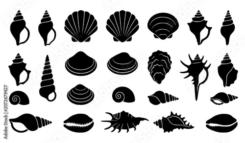 Canvas Print Assorted sea shell silhouette icons isolated collection with ocean coastal and b