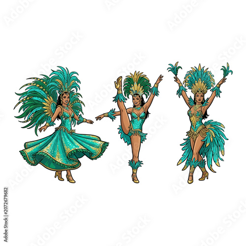 Fotografie Three Samba Dancers Wearing Elaborate Turquoise And Gold Feathered Headdresses W