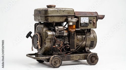 Industrial grade diesel engine housed in a cast iron frame with chipped olive drab paint and patches of orange surface rust. 