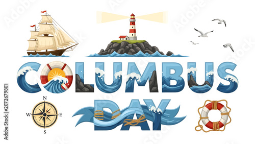 Obraz na plátne Columbus Day Celebration: A vibrant nautical-themed illustration celebrates Columbus Day, featuring a majestic sailing ship, a guiding lighthouse, a compass, life preservers, and playful waves