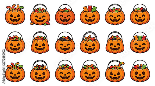 Εκτύπωση καμβά A festive Halloween scene with jack-o-lanterns filled with candy on a white back
