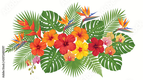 Tropical Floral Arrangement: Exotic Hibiscus, Orchids, Bird of Paradise Flowers with Palm Leaves