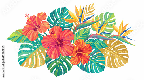 Vibrant Tropical Floral Arrangement with Hibiscus and Bird of Paradise