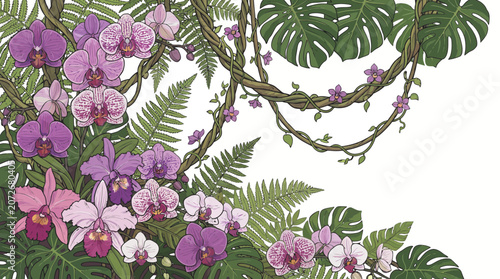 Lush jungle vines with vibrant orchids and ferns, tropical floral arrangement