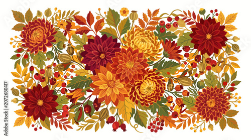 Autumn Floral Arrangement: Chrysanthemums, Berries, and Leaves in Warm Colors