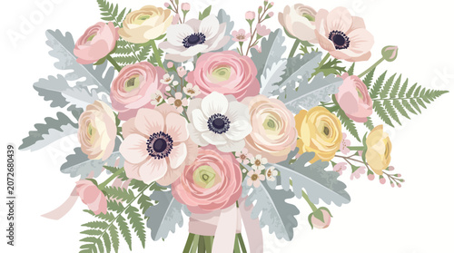 Elegant Floral Bouquet: Pink, White, Yellow Flowers and Green Ferns