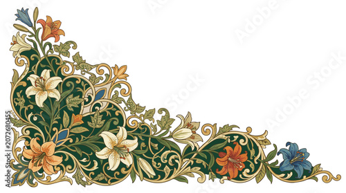 Vintage Floral Corner Design with Lilies and Greenery