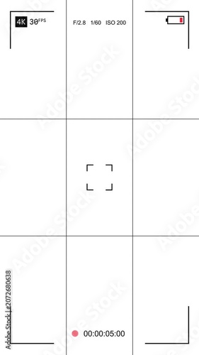 Professional digital camera viewfinder overlay with recording status, Alpha Channel on Transparent Background.