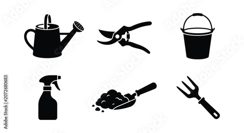 Fotografi Gardening Tool Silhouettes Black Vector Illustrations On White Background