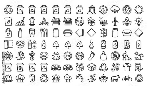 Cuadro en lienzo Zero Waste and Recycling Line Icons Set Editable Stroke Sustainability Vector Co