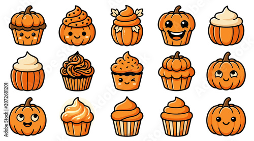 Fotografía Cartoon pumpkins and cupcakes with faces are arranged on a white background in yu 129