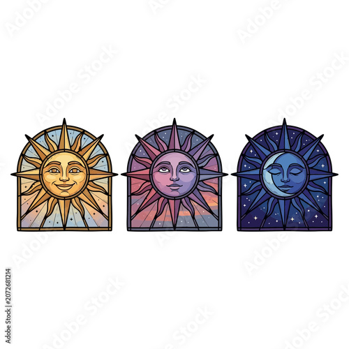 Stained Glass Window Featuring Personified Celestial Sun Moon And Stars With Ornate Radiating Rays And Faces Vector Illustration