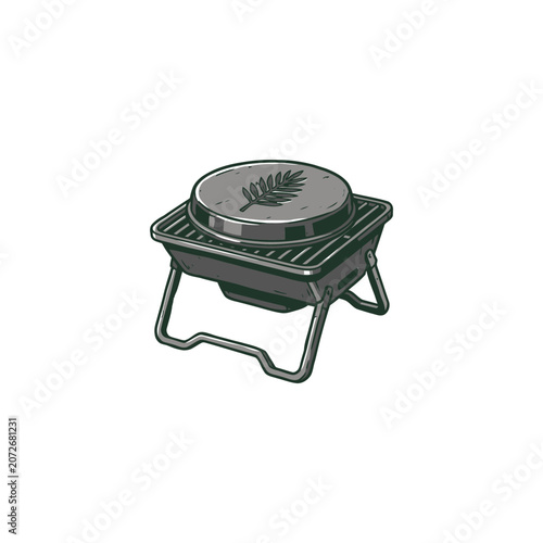 Portable Camping Grill Featuring Domed Cooking Lid With Fern Leaf Detail And Sturdy Folding Metal Legs Vector Illustration
