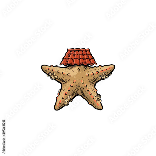 Tan Starfish Character Wearing Charming Terracotta Roof Tile Hat With Detailed Suction Cups And Whimsical Expression Vector Illustration