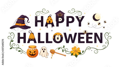 Foto Happy Halloween Graphic: A festive graphic design wishing Happy Halloween adorned with whimsical elements like a witch's hat, jack-o'-lantern, ghost, beehive, and spooky insects under a crescent moon