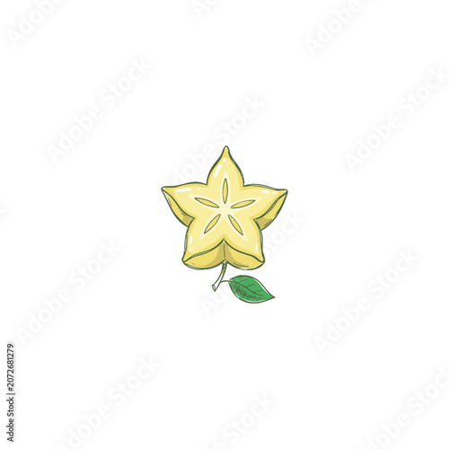 Golden Yellow Starfruit With Single Green Leaf And Botanical Stem Detail Illustration Vector Illustration