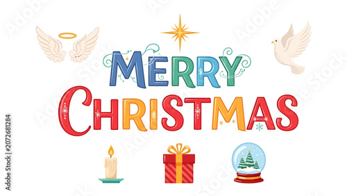 Schilderij op canvas Merry Christmas Greeting: A festive graphic displaying Merry Christmas in colorful, decorative lettering, adorned with symbolic elements like angel wings, a dove, a glowing star, a candle, a gift