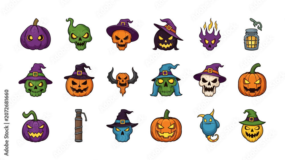 Obraz premium Spooky Halloween Icons: A collection of festive and spooky Halloween-themed icons featuring pumpkins, skulls, ghosts, witches, and monsters in a vibrant and playful style.
