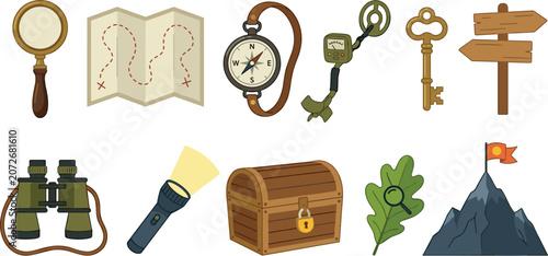 Fotografía Treasure Hunt and Adventure Exploration Vector Icon Set Featuring Map Compass Treasure Chest Binoculars Metal Detector Wooden Signpost and Mountain Peak
