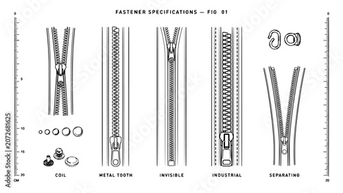 Tableau sur toile Zippers and Fasteners with Detailed Specifications and Types Including Coil, Met