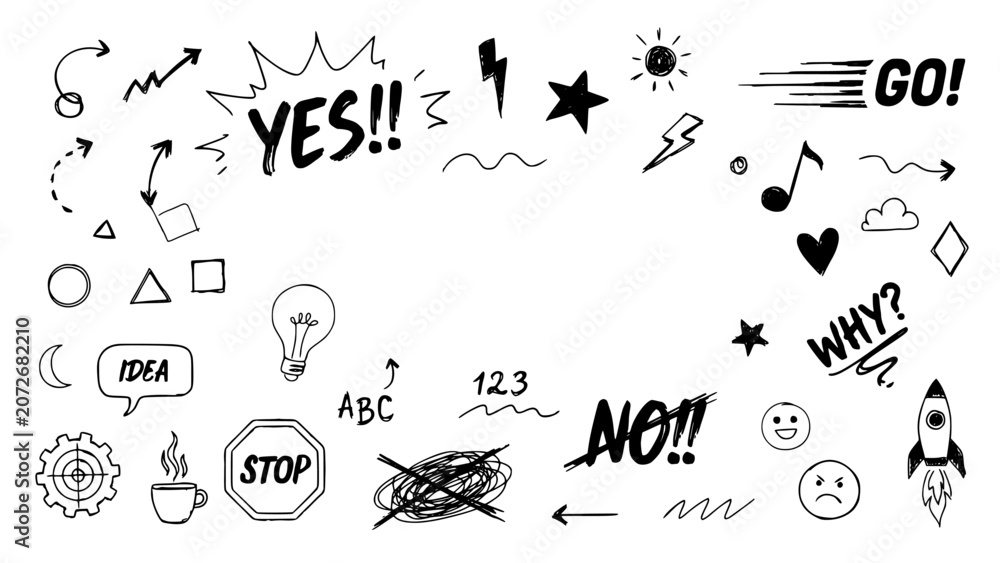 Fototapeta premium Symbols Icons Doodles Frame on White Background, Playful Hand-Drawn Style for Creative Design Concept