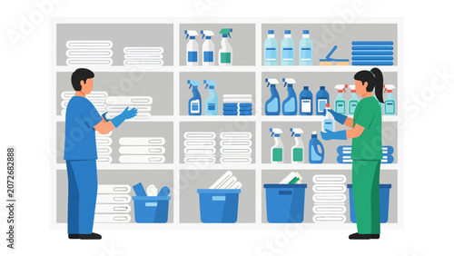Fotografie Cleaning Supplies Storage: Two uniformed staff members organize and manage a well-stocked shelving unit filled with various cleaning supplies, towels, and containers