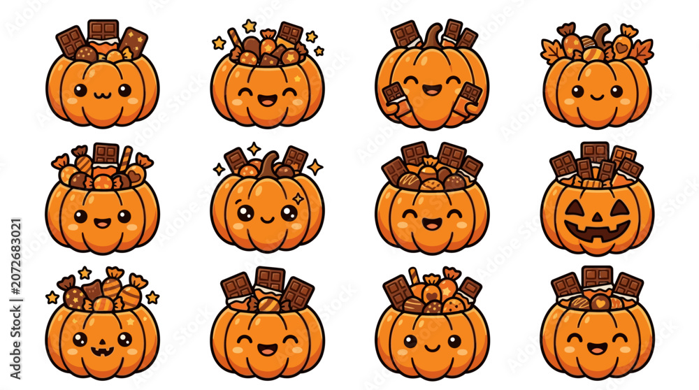 Fototapeta premium Illustration of happy and spooky pumpkins with chocolate on a white background yu 170
