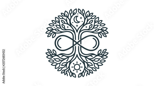 Foto Symmetrical tree of life with infinity symbol sun moon.