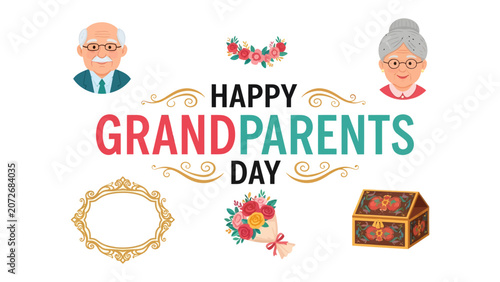 Принти на полотні Happy Grandparents Day Graphic: A heartwarming graphic celebrating Grandparents Day, featuring stylized portraits of grandparents, floral accents, a decorative frame, a bouquet, and a keepsake box