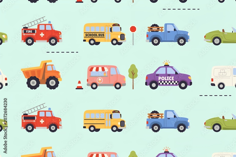 Naklejka premium Seamless pattern featuring cute cartoon vehicles including fire trucks, school buses, police cars, dump trucks, and vans on a light blue background
