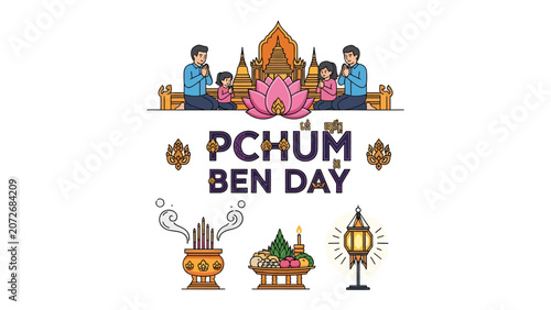 Foto Pchum Ben Day Celebration: Honoring ancestors with devotion, this illustration depicts a Cambodian family participating in the Pchum Ben festival