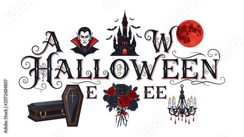 Фотография Halloween Night Elements: A spooky collection of Halloween-themed graphic elements including a vampire, haunted castle, coffin, dark roses, chandelier, and a blood moon