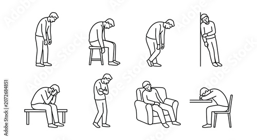 Schilderij op canvas Sadness and despair vector line illustrations of dejected human figures