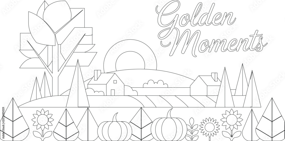 Fototapeta premium Rural autumn landscape with houses, fields, and sunflowers, showcasing golden seasonal moments