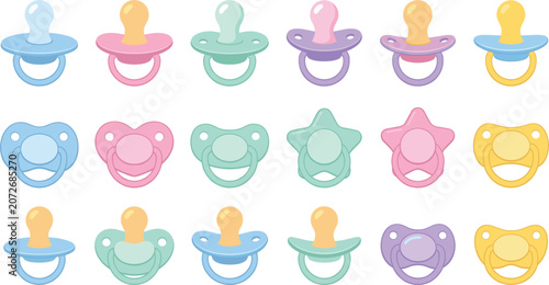 Tableau sur toile Cute baby pacifier icon set, colorful dummy soother collection, infant care vect