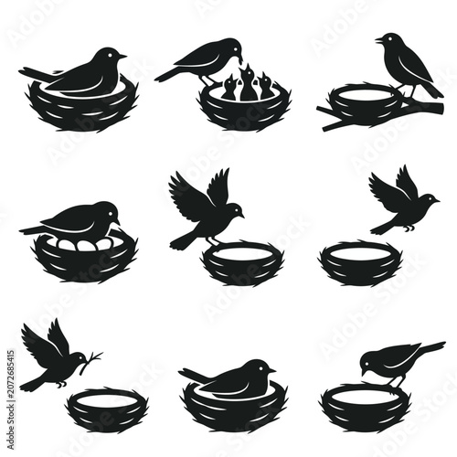 Photos Bird Nests With Birds Vector Silhouettes On White Background