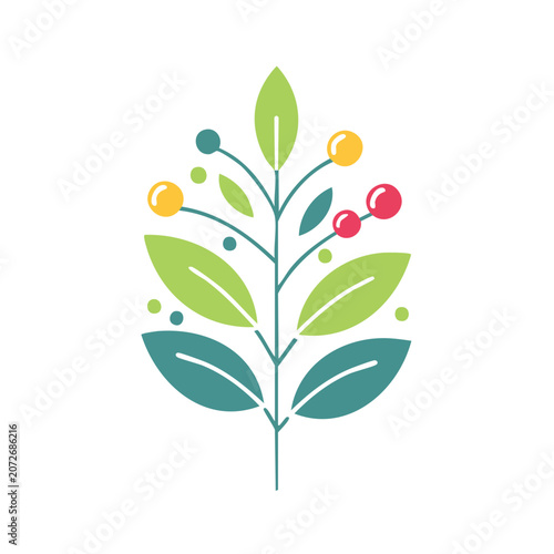 Flat illustration of a plant branch with leaves and berries