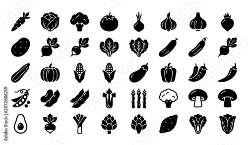 Vegetable and Garden Produce Silhouette Icon Collection with Fresh Organic Food Elements