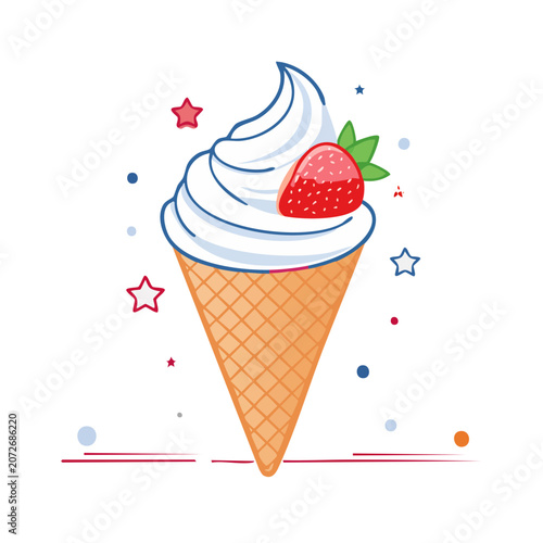 Flat illustration of ice cream cone with strawberry