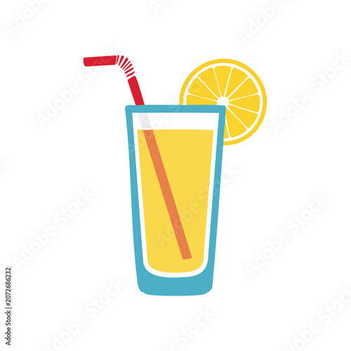 Flat illustration of orange juice in a glass with straw and lemon